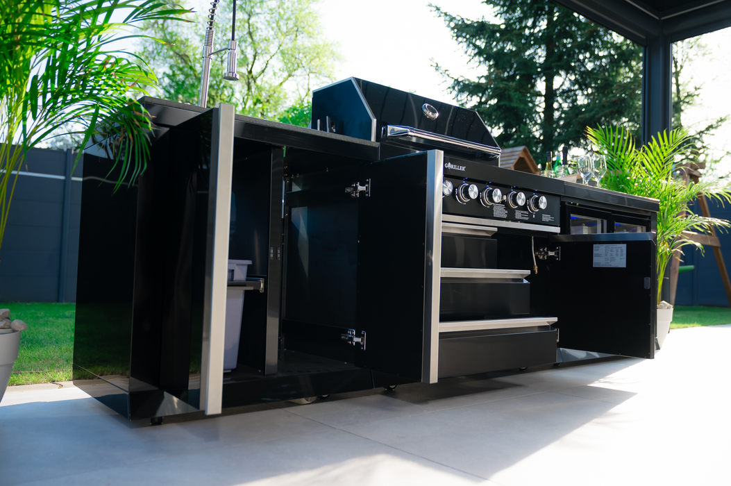 Goriller Outdoor Kitchen | 8-Burner Gas Grill, Single Fridge, Sink & Workstation | 4.8m Compact Luxury Design