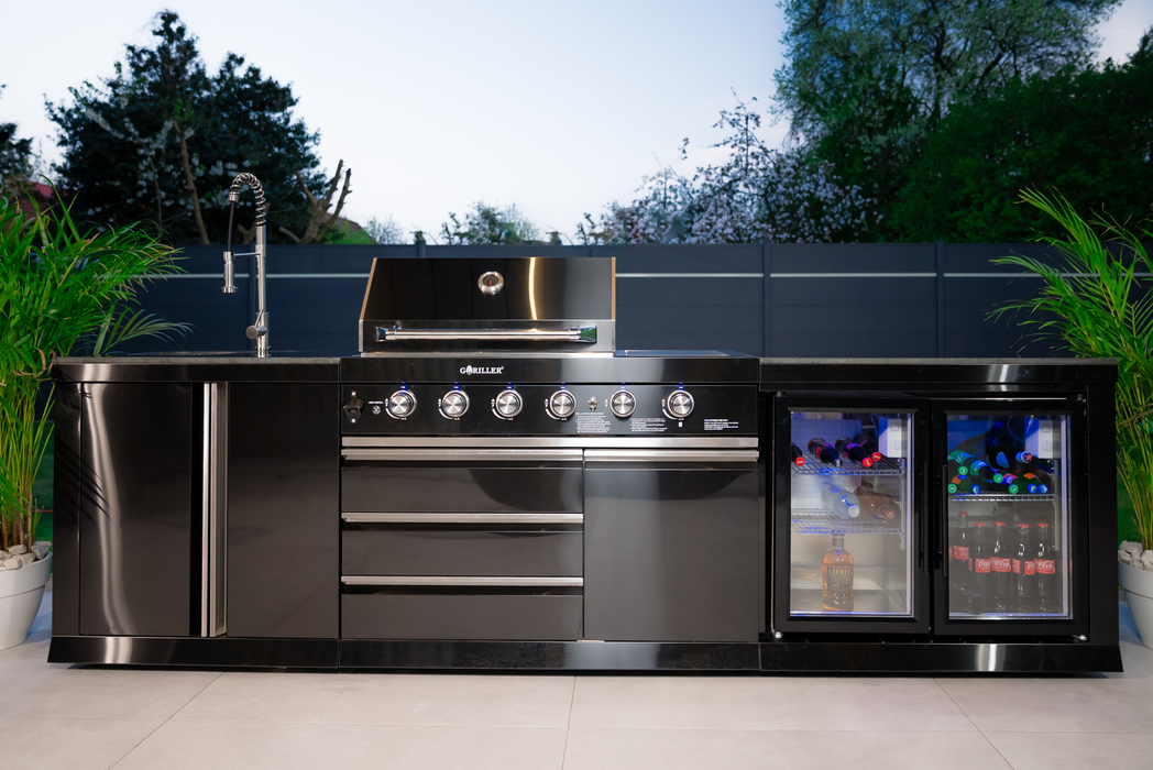 Goriller Outdoor Kitchen | 8-Burner Gas Grill, Single Fridge, Sink & Workstation | 4.8m Compact Luxury Design