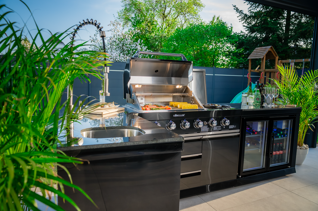 Goriller Outdoor Kitchen | 6-Burner Gas Grill, Sink Fridge & Workstation L-Shape | 4.5m Compact Luxury Design