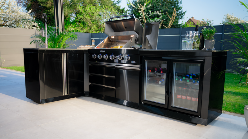 Goriller Outdoor Kitchen | 6-Burner Gas Grill, Sink Double Door Fridge & Workstation L-Shape | 4.5m Compact Luxury Design