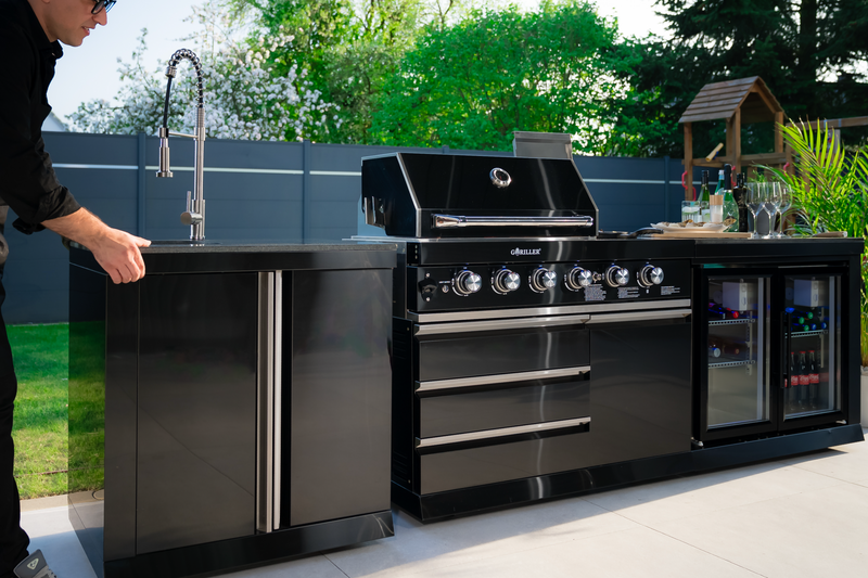 Goriller Outdoor Kitchen | 6-Burner Gas Grill, Sink Double Door Fridge & Workstation L-Shape | 4.5m Compact Luxury Design