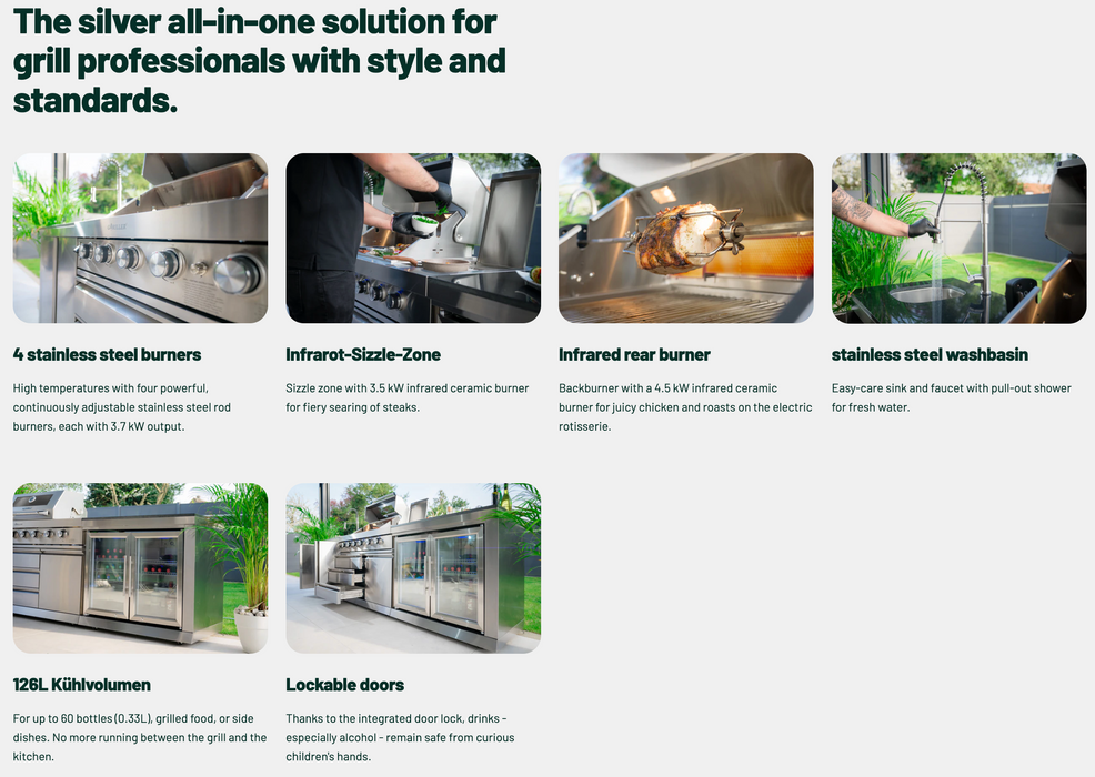 Goriller Outdoor Kitchen SilverBack| 6-Burner Gas Grill, Double Door Fridge and Sink | 3m