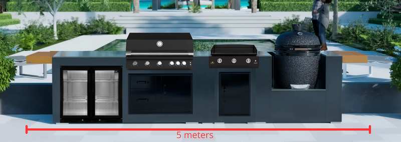 Grillandia Outdoor Kitchen with Brabura BBQ, Plancha, Kamado Grill, & Back Wall - 5m