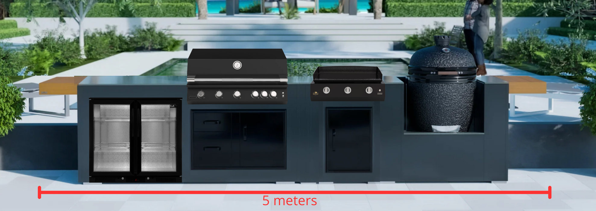 Grillandia Outdoor Kitchen with Brabura BBQ, Plancha, Kamado Grill, & Back Wall - 5m