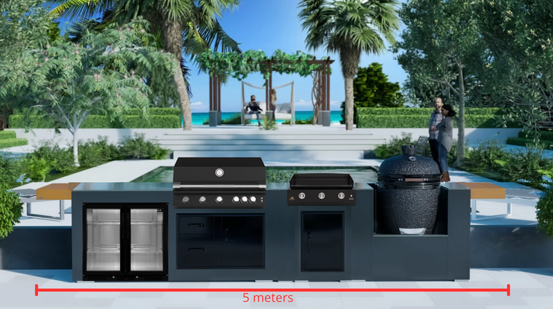 Grillandia Outdoor Kitchen with Brabura BBQ, Plancha, Kamado Grill, & Back Wall - 5m