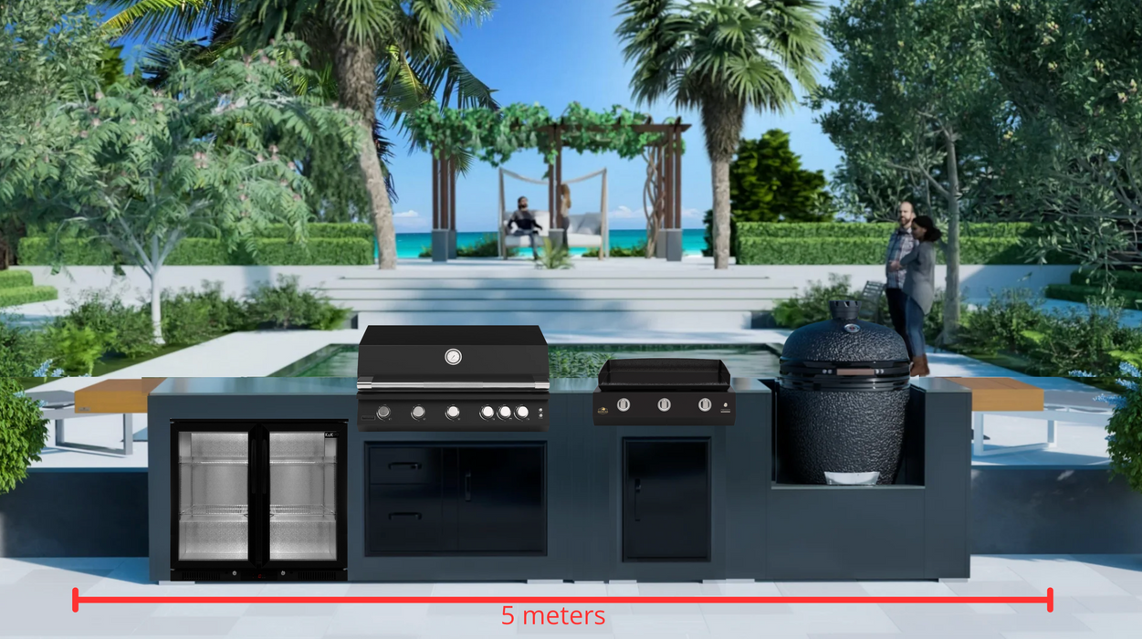 Grillandia Outdoor Kitchen with Brabura BBQ, Plancha, Kamado Grill, & Back Wall - 5m