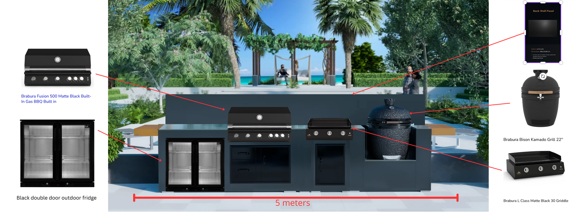 Grillandia Outdoor Kitchen with Brabura BBQ, Plancha, Kamado Grill, & Back Wall - 5m