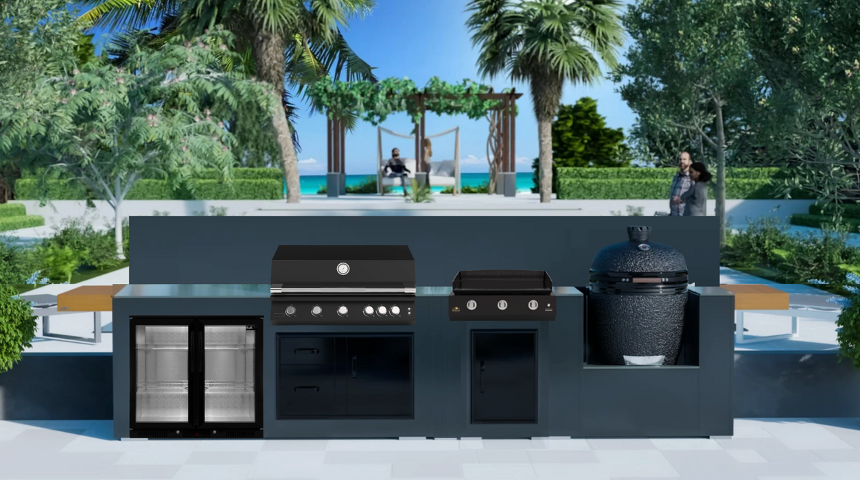 Grillandia Outdoor Kitchen with Brabura BBQ, Plancha, Kamado Grill, & Back Wall - 5m