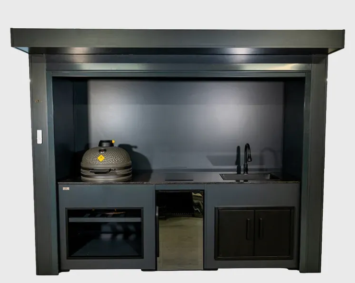Grillandia Outdoor Kitchen Roll Cabana Kamado BBQ, Fridge, and Sink  | 2.9M