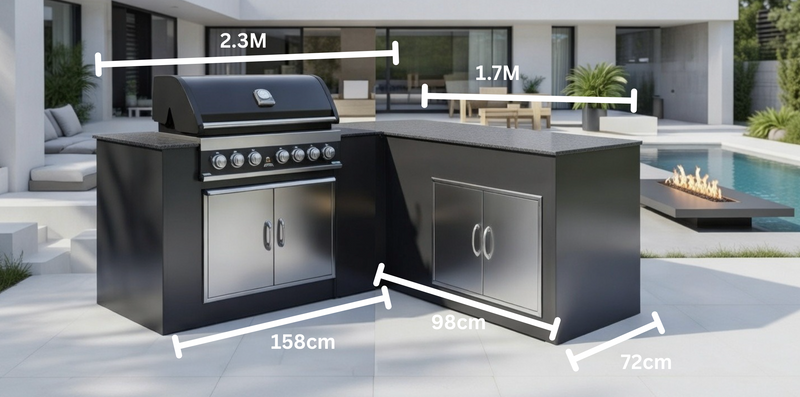 Grillandia L-Shape Outdoor Kitchen Paired with Grandpro 5 Burner Gas BBQ | 2.3M x 1.7M