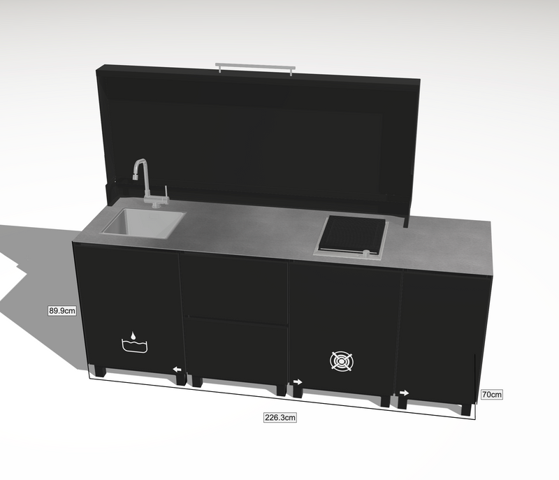 Hoppilif Outdoor Kitchen | Full lid Grill Electric Barazza Thalas, Hod & Folding Tap and Sink – Black (2.3m)