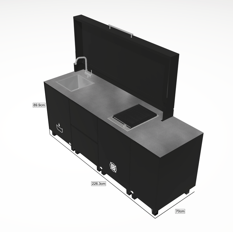 Hoppilif Outdoor Kitchen | Full lid Grill Electric Barazza Thalas, Hod & Folding Tap and Sink – Black (2.3m)