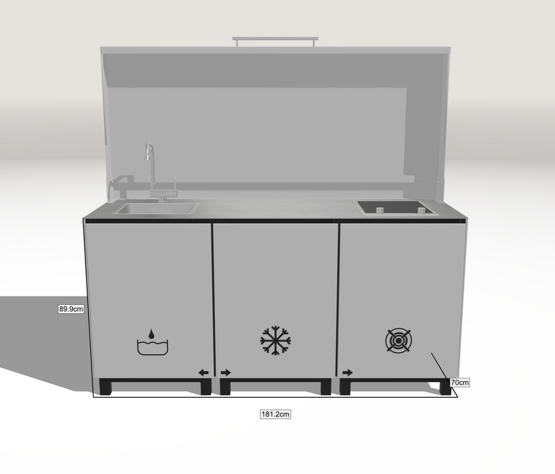 Hoppilif Outdoor Kitchen | Full lid 2 Burner Hod & Folding Tap and Sink – Brillante White (1.8m)