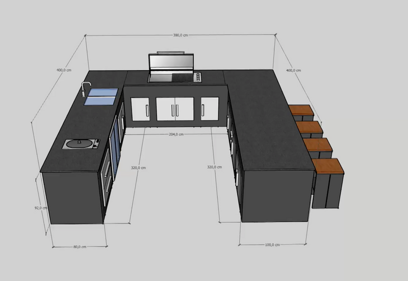 Grillandia Outdoor kitchen U shape, Paired with Beefeater proline 6 burner and Built-in deep fryer | 4m x 3.8m X 4m