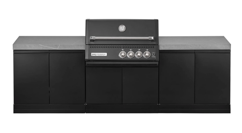 GrandPro Outdoor Kitchen with Black CrossRay 4 Burner BBQ, Fridge and Sink - 3860mm