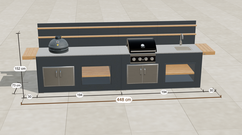 Grillandia Outdoor Kitchen Grandhall 4 Burner, Kamado, and Sink | 4.5M