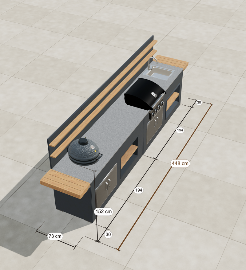 Grillandia Outdoor Kitchen Grandhall 4 Burner, Kamado, and Sink | 4.5M