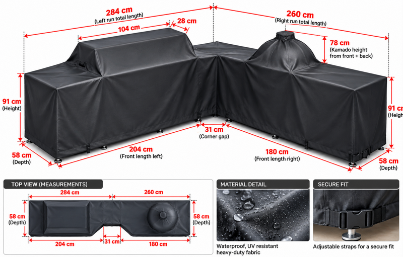L-Shaped Outdoor Kitchen and Kamado Weather Cover | Dimensions 2.9m x 2.6m