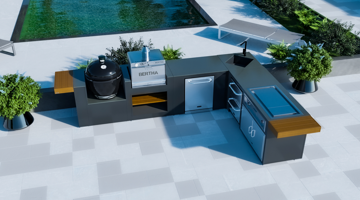 Outdoor Kitchen L-Shape Drop-In Electric Plancha + Sink + Berta Multi Oven +Fridge + Double Drawer Fridge + Primo XL