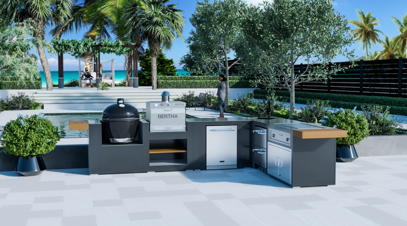 Grillandia Outdoor Kitchen L-Shape Drop-In Electric Plancha, Sink, Berta Multi Oven, Fridge, Double Drawer Fridge, and Primo XL