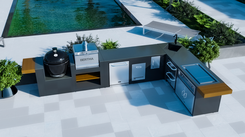 Grillandia Outdoor Kitchen L-Shape Drop-In Electric Plancha, Sink, Berta Multi Oven,Fridge, and  Primo XL