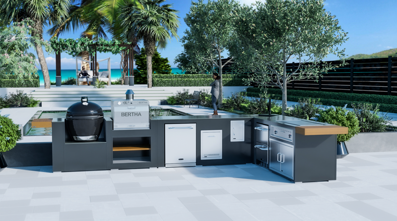 Grillandia Outdoor Kitchen L-Shape Drop-In Electric Plancha, Sink, Berta Multi Oven,Fridge, and  Primo XL