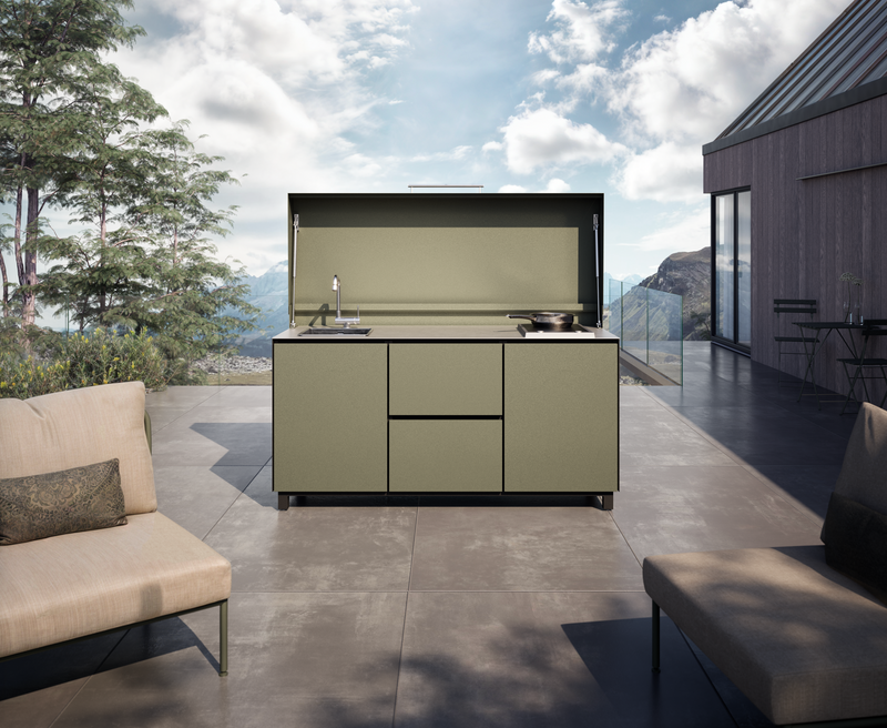 Hoppilif Outdoor Kitchen | Full lid 2 Burner Hod & Folding Tap and Sink – Olive Green (1.8m)