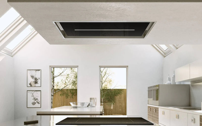 Airforce Sinergia 100cm Easy Up Ceiling Mounted Cooker Hood with LED Strip Lighting in Black Glass Finish
