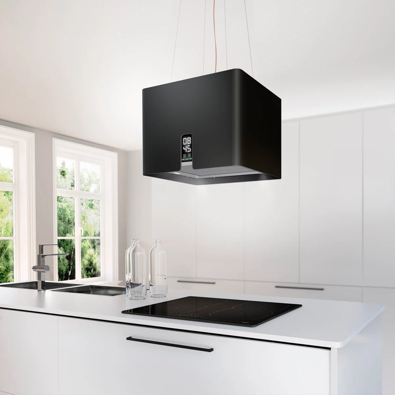 Airforce Square Young 45cm Island Cooker Hood with Touch Control & Digital Clock Display Black Satin Finish