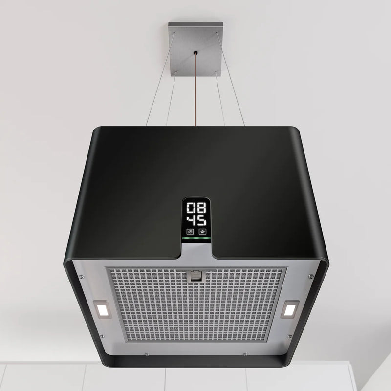 Airforce Square Young 45cm Island Cooker Hood with Touch Control & Digital Clock Display Black Satin Finish