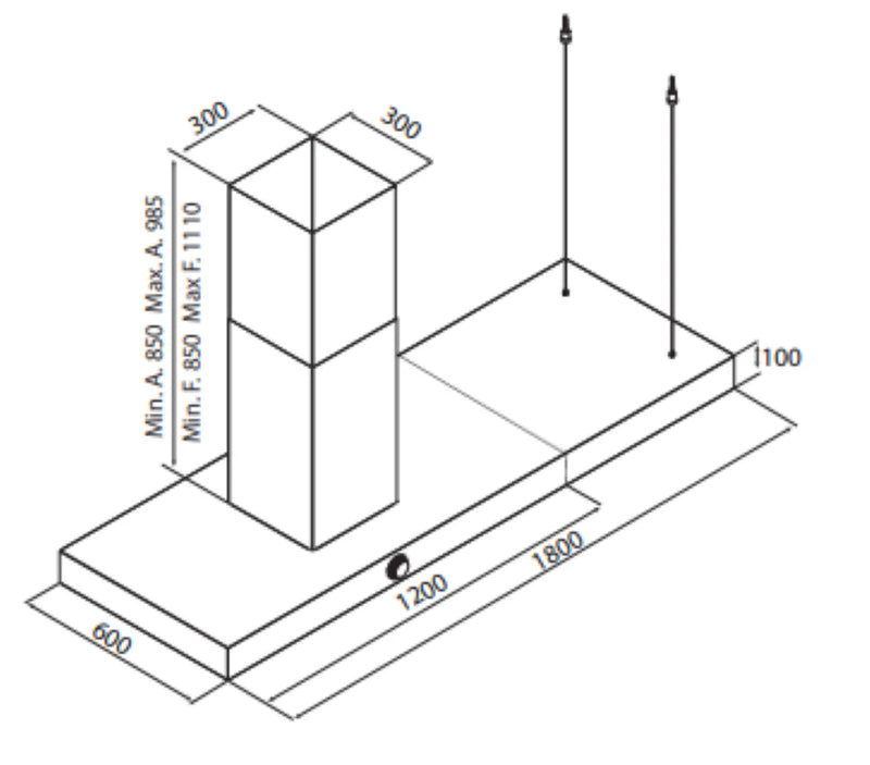 Airforce Vis Boxy 180cm left hand chimney island cooker hood stainless steel & anthracite black finish