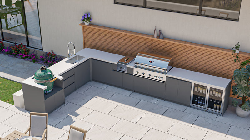 Whistler Fairford Grey L-Shaped Outdoor Kitchen with Burford 5-Burner BBQ | Dimensions 3.1m x 5.1m