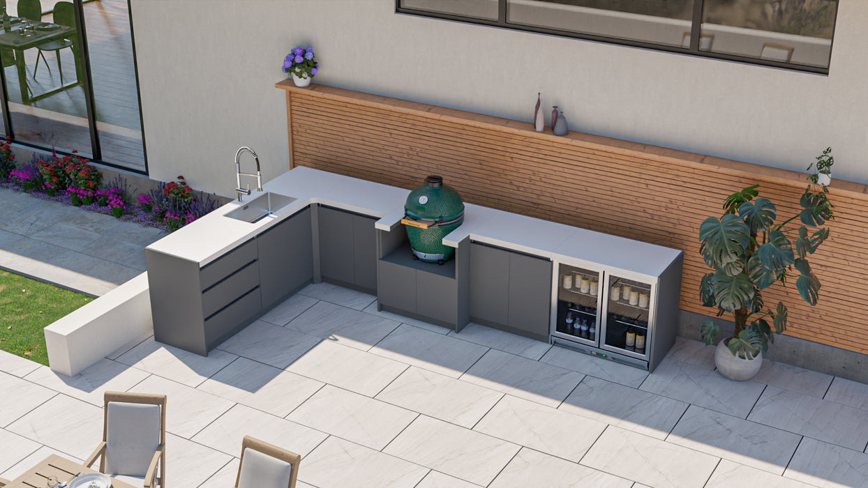 Whistler Fairford L-Shaped Grey Outdoor Kitchen | Dimensions 2.3m x 4m