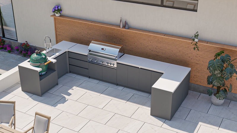 Whistler Fairford Grey U-Shaped Outdoor Kitchen with Burford 5-Burner BBQ | Dimensions 2.3m x 4.8m x 1.6m