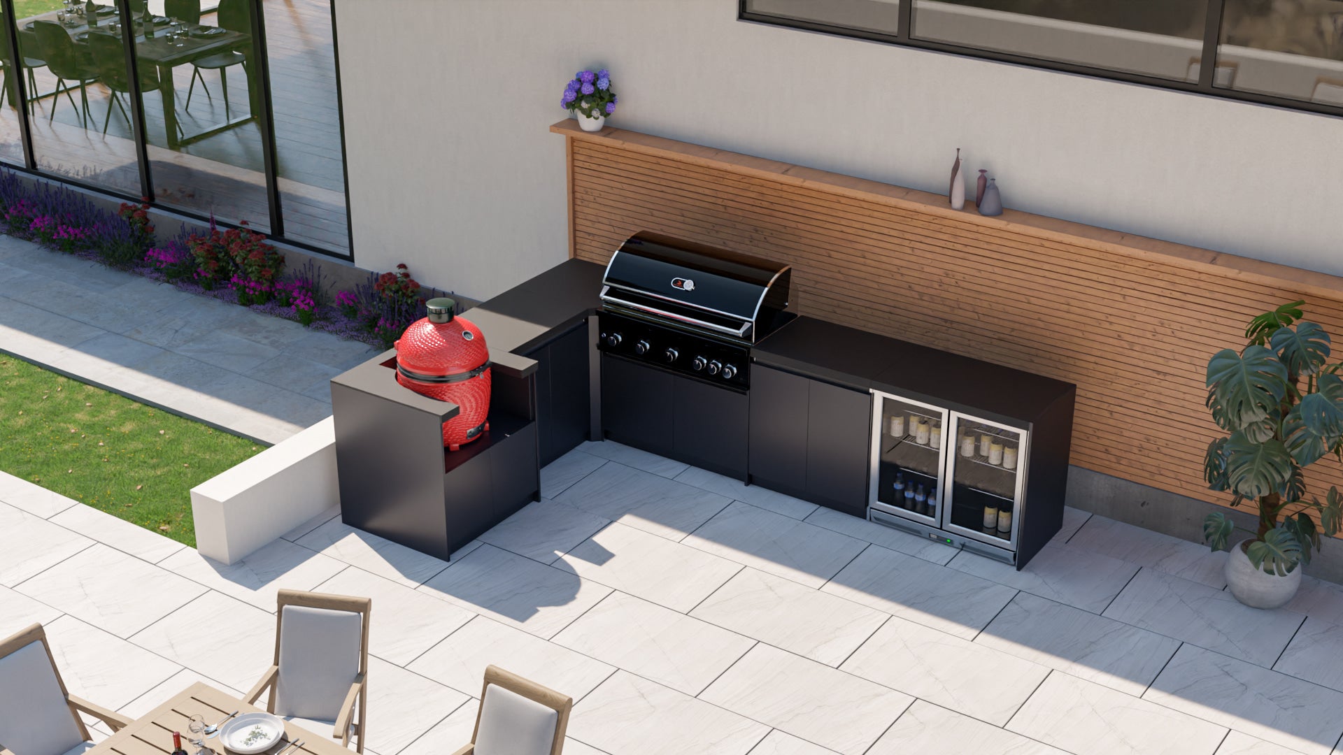 Whistler Fairford L-Shaped Black Outdoor Kitchen with Burford 5-Burner BBQ & Kamado Joe | Dimensions 2.3m x 3.5m