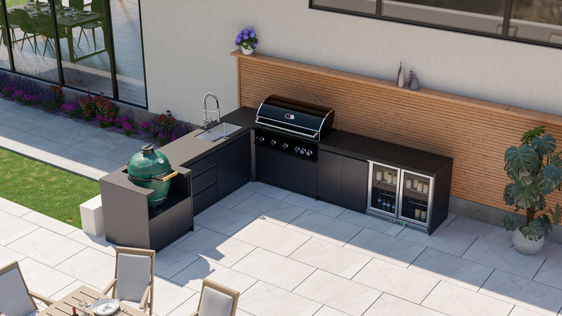 Whistler Fairford L-Shaped Black Outdoor Kitchen with Burford 5-Burner BBQ | Dimensions 3.1m x 3.5m