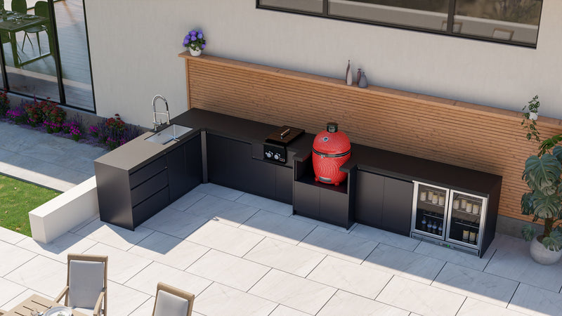 Whistler Fairford Black L-Shaped Outdoor Kitchen | Dimensions 2.3m x 4.8m