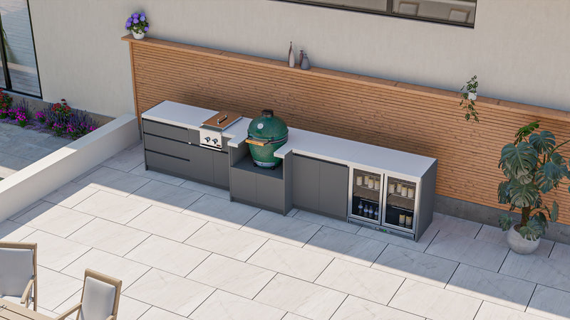 Whistler Fairford Grey Outdoor Kitchen with Green Egg | 4.2M Full-Length