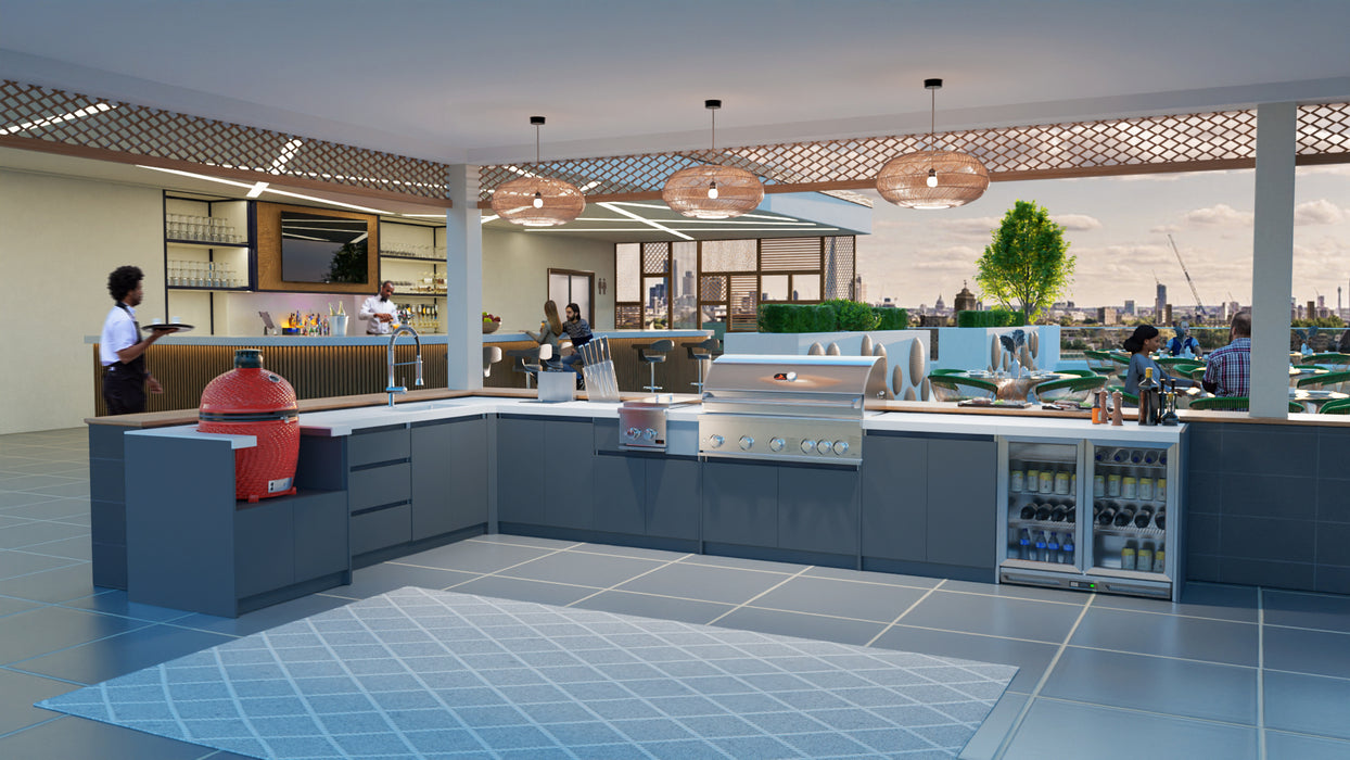 Whistler Fairford Grey Outdoor Kitchen with Burford 5-Burner BBQ | Dimensions 3.1m x 5.1m