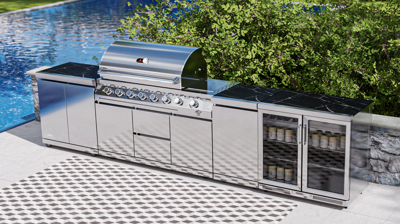 Whistler Outdoor Kitchen 6 Burner BBQ, Fridge, Double Doors and Gas Bottle Cabinet