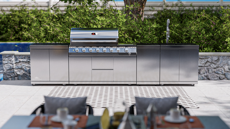 Whistler Outdoor Kitchen 6 Burner BBQ, Sink, Double Doors and Gas Bottle Cabinet