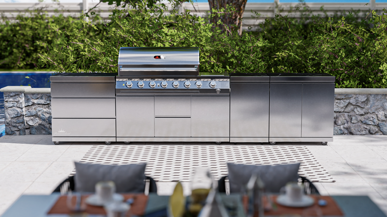 Whistler 6 burner 4 Piece Outdoor Kitchen Double Doors + Triple Drawer + GB ( New Double line rounded Hood )
