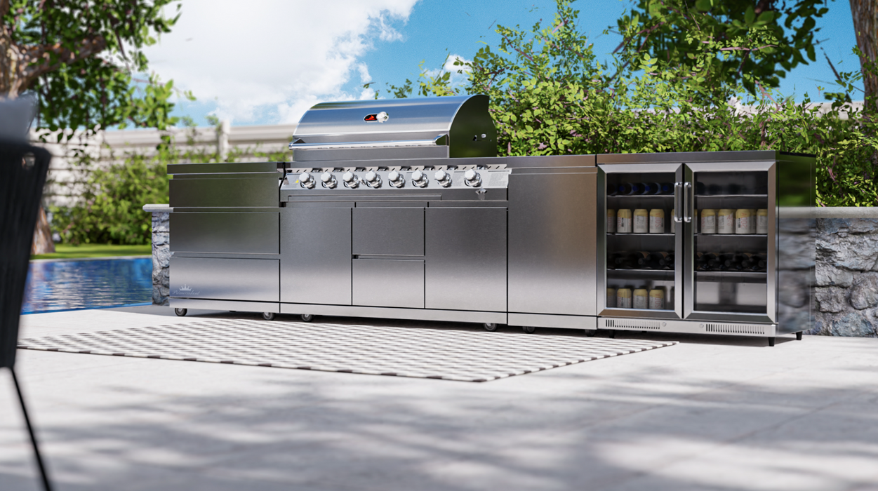 Whistler 6 burner 4 Piece Outdoor Kitchen + Fridge + Triple Drawer + GB ( New Double line rounded Hood )