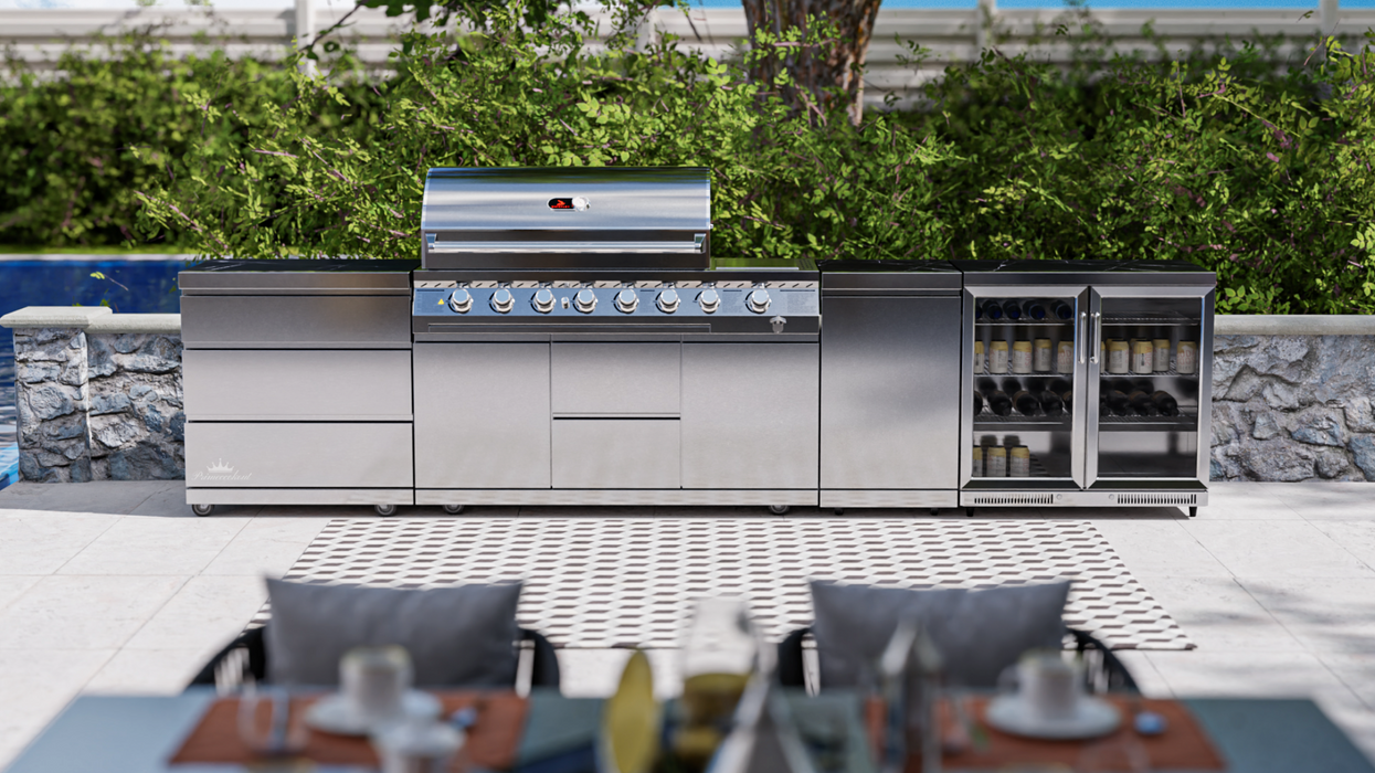 Whistler 6 burner 4 Piece Outdoor Kitchen + Fridge + Triple Drawer + GB ( New Double line rounded Hood )