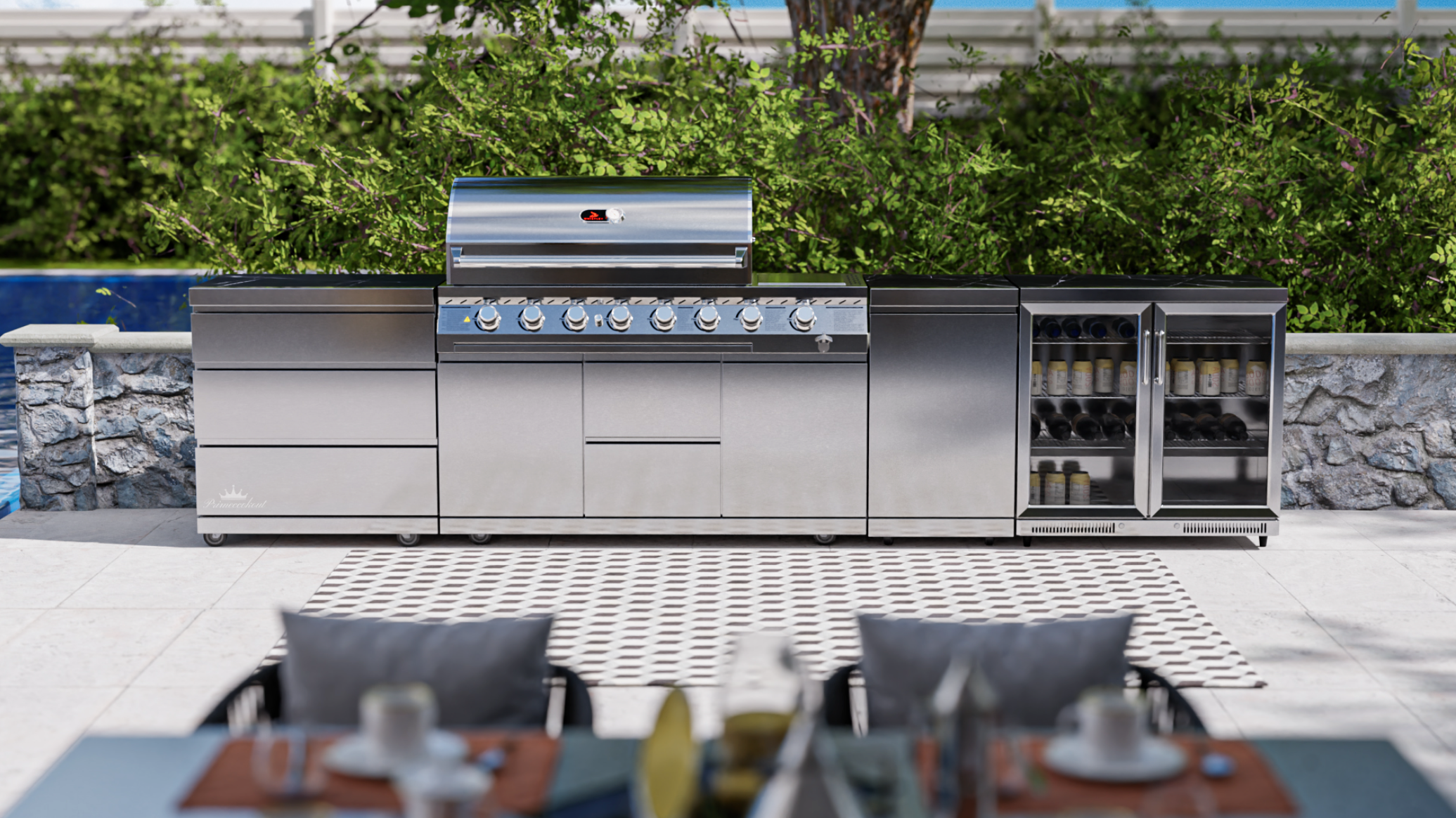 Whistler Cirencester Outdoor Kitchen 6 Burner BBQ, Fridge, Triple Drawer and Gas Bottle Cabinet