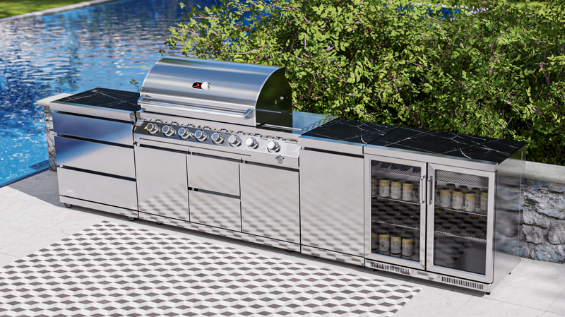 Whistler Outdoor Kitchen 6 Burner BBQ, Fridge, Triple Drawer and Gas Bottle Cabinet