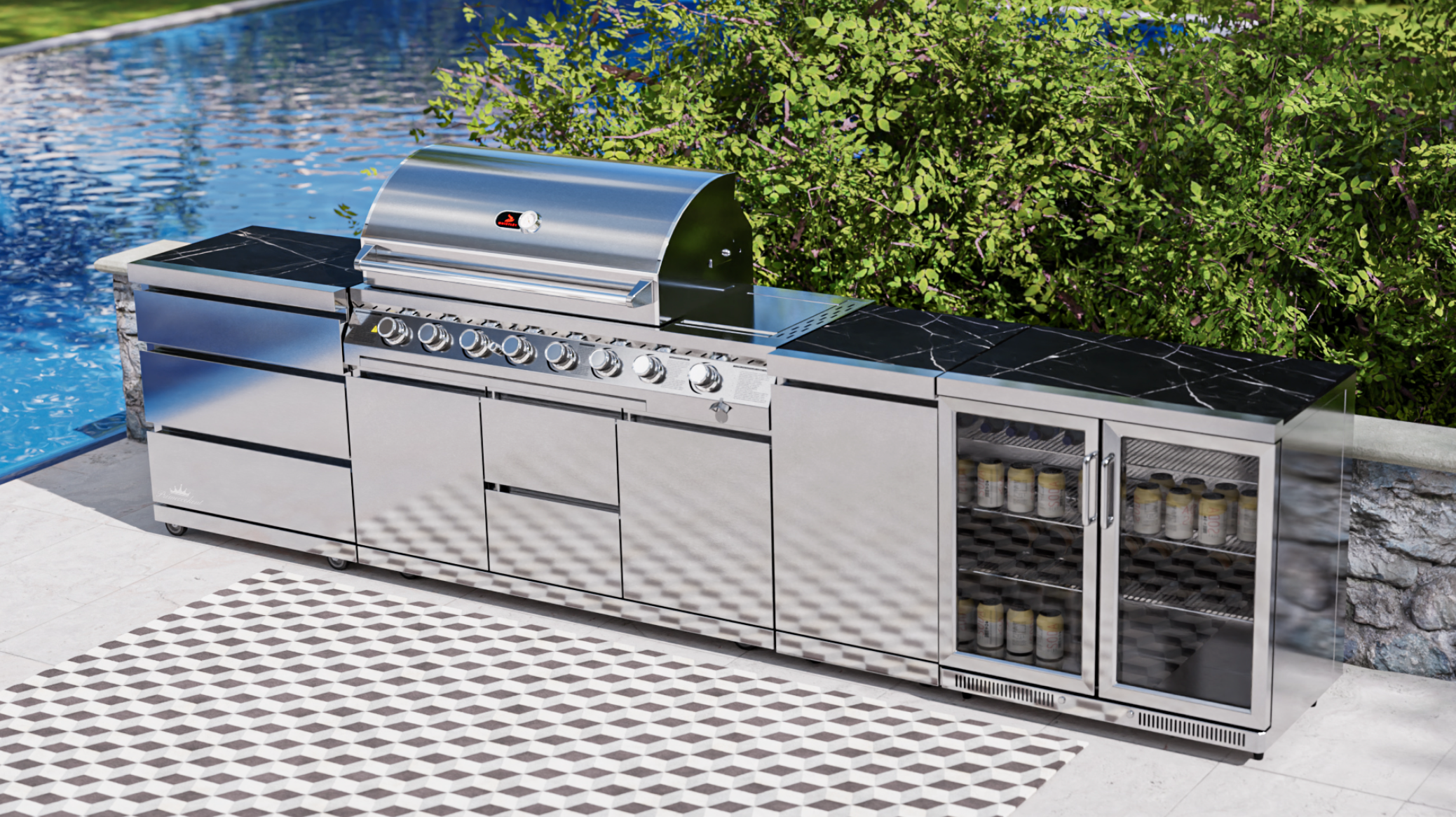 Whistler Cirencester Outdoor Kitchen 6 Burner BBQ, Fridge, Triple Drawer and Gas Bottle Cabinet