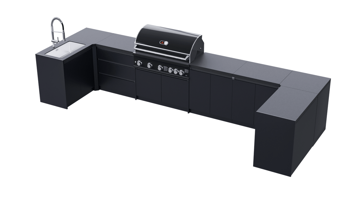 Whistler Fairford Black Outdoor Kitchen with Burford 5-Burner BBQ | Dimensions 1.5m x 4.8m x 1.6m