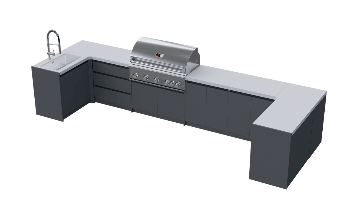 Whistler Fairford Outdoor Kitchen with Burford 5-Burner BBQ | Dimensions 1.5m x 4.8m x 1.6m