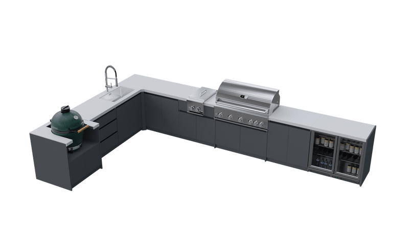 Whistler Fairford Grey L-Shaped Outdoor Kitchen with Burford 5-Burner BBQ | Dimensions 3.1m x 5.1m